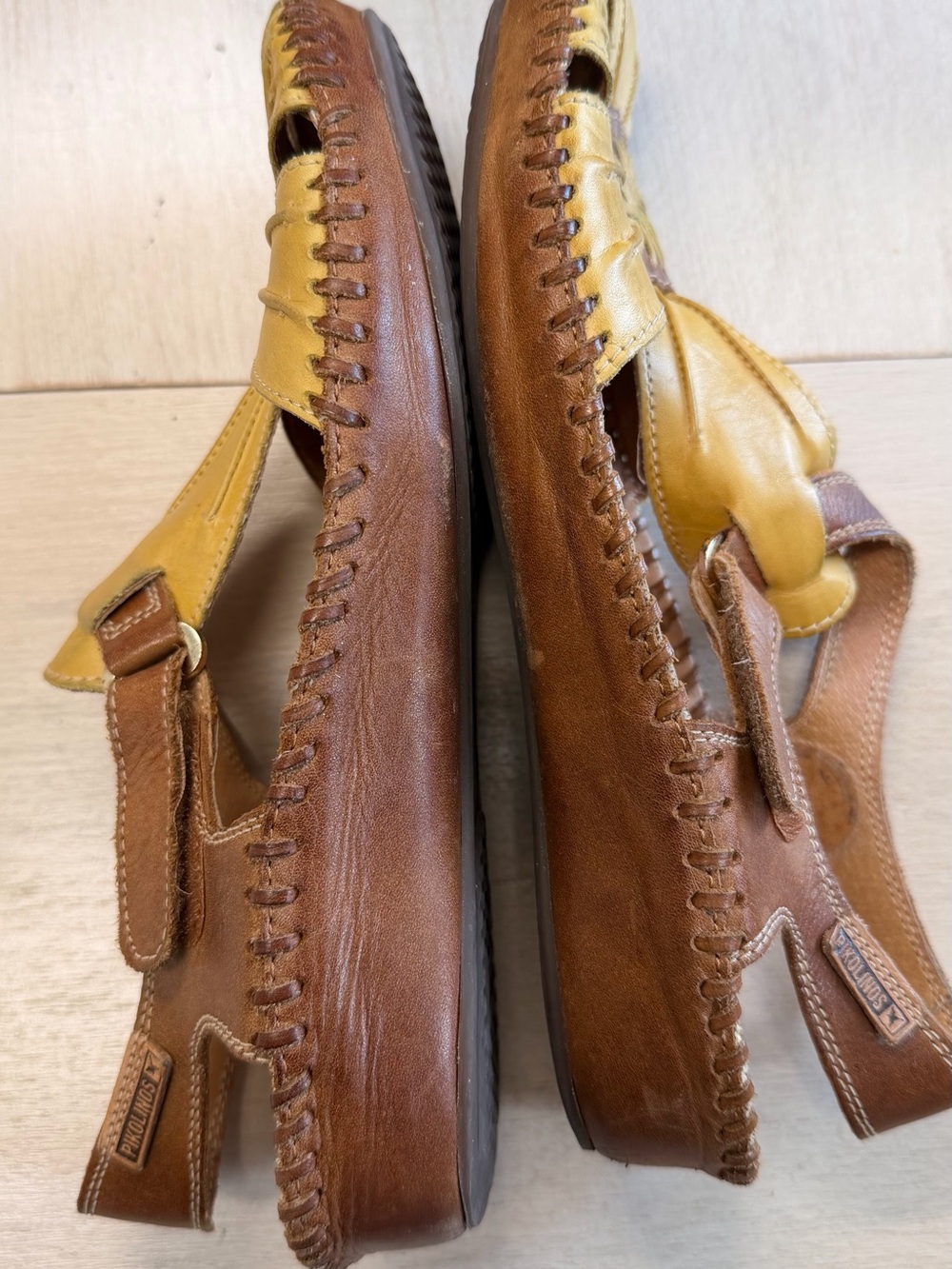 PIKOLINOS Yellow and Brown Leather Floral Cutout Slingback Sandals - Picture 5 of 9